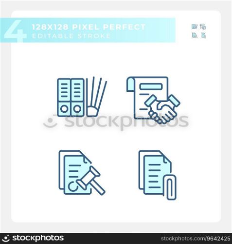 Pixel perfect blue icons set of document, editable thin line illustration.. Editable pixel perfect blue document icons