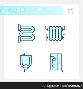 Pixel perfect blue icons set of plumbing, editable thin line illustration.. 2D editable pixel perfect blue plumbing icons