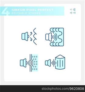 Pixel perfect blue icons set of soundproofing, editable thin linear creative illustration.. Editable pixel perfect blue soundproofing line icons