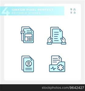 Pixel perfect blue icons set representing document, editable thin line illustration.. Editable pixel perfect document icons set