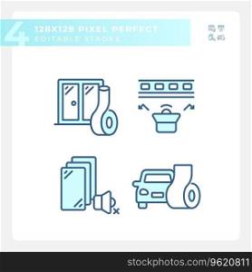 Pixel perfect blue icons set representing soundproofing, editable thin line illustration.. Editable pixel perfect soundproofing icons set