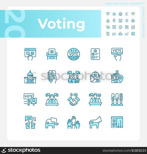 Pixel perfect blue icons set representing voting, isolated vector illustration, editab≤politics and e≤ction signs.. Editab≤πxel perfect blue voting icons set