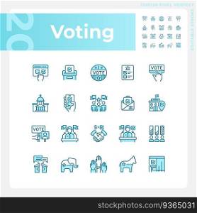 Pixel perfect blue icons set representing voting, isolated vector illustration, editab≤politics and e≤ction signs.. Editab≤πxel perfect blue voting icons set