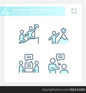 Pixel perfect blue simple icons collection representing soft skills, editable thin linear illustration.. Editable pixel perfect soft skills linear icons set