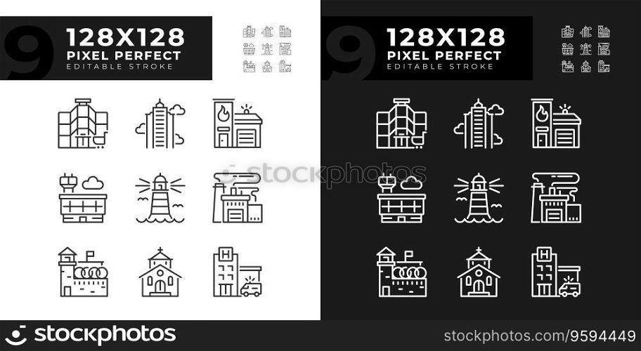 Pixel perfect dark and light mode icons representing various architecture, editable thin line illustration.. Editable pixel perfect building icons