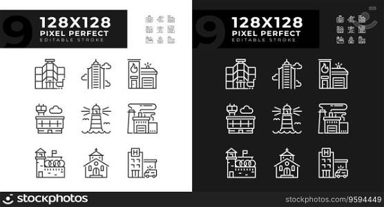 Pixel perfect dark and light mode icons representing various architecture, editable thin line illustration.. Editable pixel perfect building icons