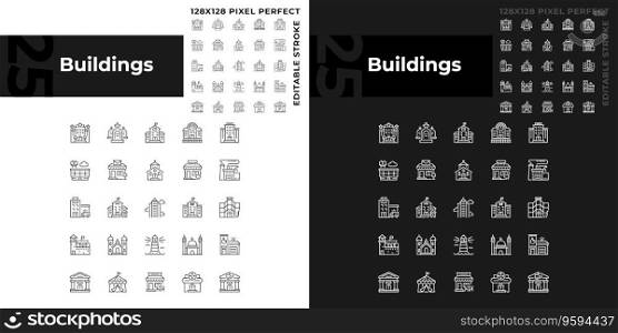 Pixel perfect dark and light mode icons set representing various buildings, editable thin line illustration.. Editable pixel perfect building icons set
