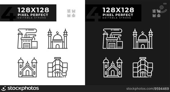 Pixel perfect dark and light mode icons set representing various buildings, editable thin line illustration.. Editable pixel perfect building icons set