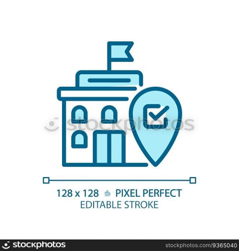 Pixel perfect editable blue icon of government building with location marker icon, isolated vector illustration. Pixel perfect icon of government building