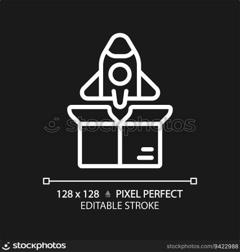 Pixel perfect editable white product launch icon, isolated vector, product management thin line illustration.. 2D customizable product launch linear icon
