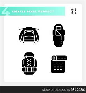 Pixel perfect glyph style icons set of hiking gear, isolated silhouette creative illustration.. 2D pixel perfect hiking gear glyph style icons