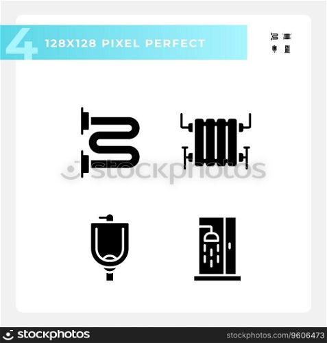 Pixel perfect glyph style icons set of plumbing, simple silhouette illustration.. 2D pixel perfect glyph style plumbing icons