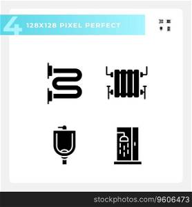 Pixel perfect glyph style icons set of plumbing, simple silhouette illustration.. 2D pixel perfect glyph style plumbing icons