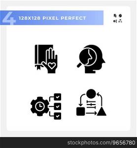 Pixel perfect glyph style icons set of soft skills, black silhouette illustration.. 2D pixel perfect glyph style soft skills icons