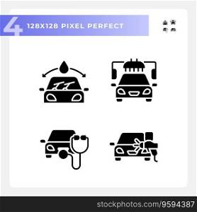 Pixel perfect glyph style icons set representing car repair and service, simple silhouette illustration.. Pixel perfect glyph style car repair and service icons set