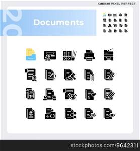 Pixel perfect glyph style icons set representing document, silhouette illustration. 2D pixel perfect glyph style document icons set