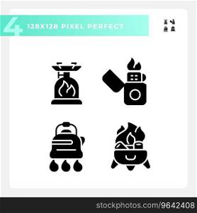 Pixel perfect glyph style icons set representing hiking gear, isolated silhouette illustration.. 2D pixel perfect hiking gear glyph style icons set