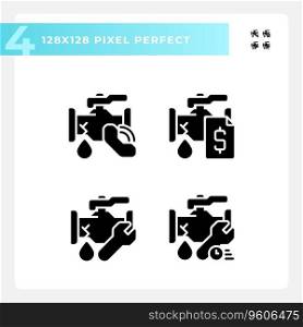 Pixel perfect glyph style icons set representing plumbing, simple silhouette illustration.. Pixel perfect glyph style plumbing icons pack