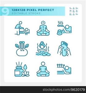 Pixel perfect icons set representing meditation, editable blue thin line wellness illustration.. Editable blue meditation icons set