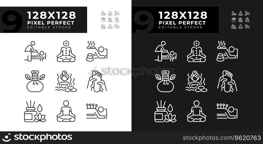 Pixel perfect icons set representing meditation, editable light and dark mode thin line wellness illustration.. Editable light and dark meditation icons set