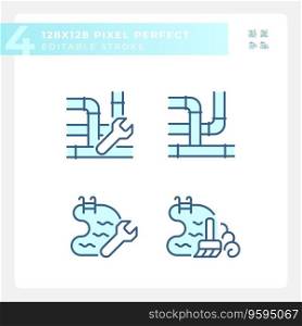 Pixel perfect icons set representing plumbing, editable blue thin line illustration.. Editable blue plumbing icons collection