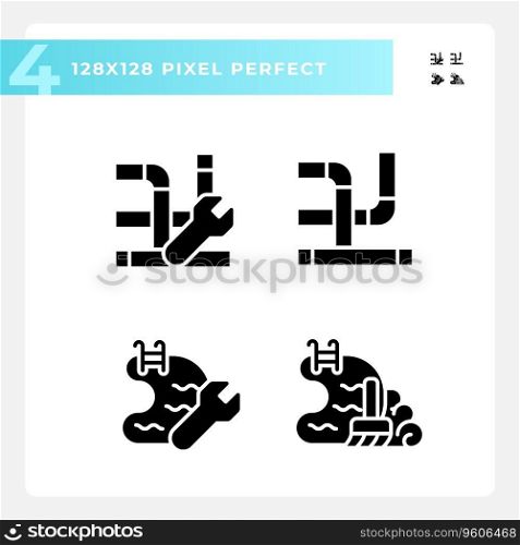 Pixel perfect icons set representing plumbing, glyph style illustration.. Glyph style plumbing icons collection