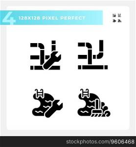 Pixel perfect icons set representing plumbing, glyph style illustration.. Glyph style plumbing icons collection