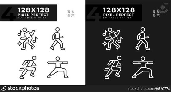 Pixel perfect light and dark mode icons set of fitness, editable thin line wellness illustration.. Editable pixel perfect light and dark fitness icons