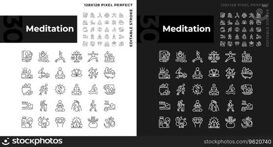 Pixel perfect light and dark mode icons set representing meditation, editable thin line wellness illustration.. Editable pixel perfect light and dark meditation icons set