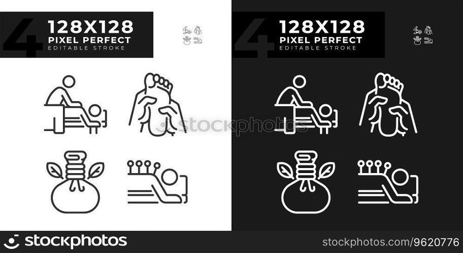 Pixel perfect light and dark mode icons set representing wellness, editable thin line illustration.. Editable pixel perfect light and dark wellness icons set