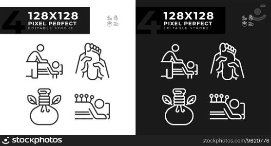 Pixel perfect light and dark mode icons set representing wellness, editable thin line illustration.. Editable pixel perfect light and dark wellness icons set