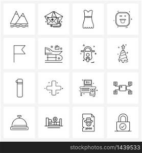 Pixel Perfect Set of 16 Vector Line Icons such as flag, naughty, dress, emotions Vector Illustration