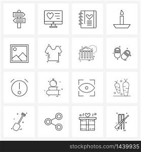 Pixel Perfect Set of 16 Vector Line Icons such as gallery, candles light, dairy, light, valentine Vector Illustration