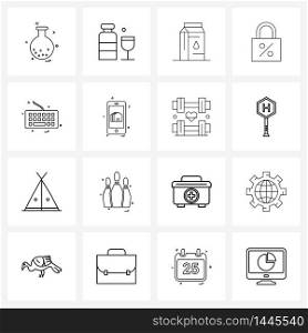 Pixel Perfect Set of 16 Vector Line Icons such as keyboard, loans, glass, interest, supermarket Vector Illustration
