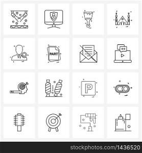 Pixel Perfect Set of 16 Vector Line Icons such as, profile, paint brush, avatar, Jewish temple Vector Illustration