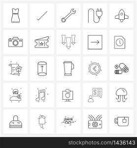 Pixel Perfect Set of 25 Vector Line Icons such as camera, rocket, wrench, launch, socket Vector Illustration
