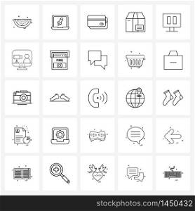 Pixel Perfect Set of 25 Vector Line Icons such as control, package, denial of service attack, cardboard, bank Vector Illustration