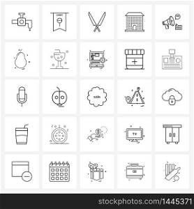 Pixel Perfect Set of 25 Vector Line Icons such as speaker, home, lollipop, building, crockery Vector Illustration