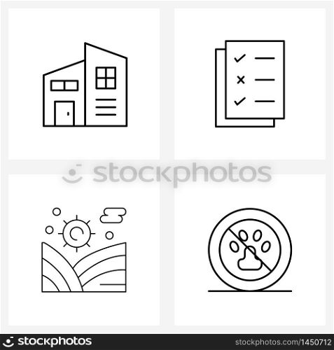 Pixel Perfect Set of 4 Vector Line Icons such as apartment, interdiction, document, land, stop Vector Illustration