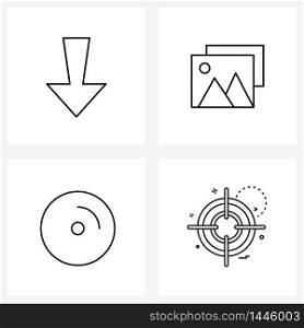 Pixel Perfect Set of 4 Vector Line Icons such as arrow, disc, down, photos, target Vector Illustration