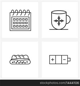 Pixel Perfect Set of 4 Vector Line Icons such as calendar, apple pie, Christmas, cup, charge Vector Illustration
