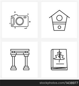 Pixel Perfect Set of 4 Vector Line Icons such as camera, gate, photograph, home, building Vector Illustration