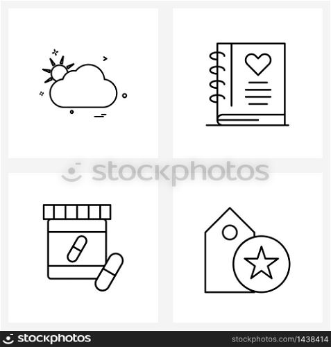 Pixel Perfect Set of 4 Vector Line Icons such as cloudy; tablets; storm; heart; jar Vector Illustration