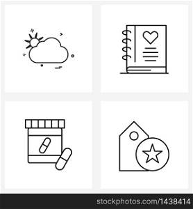 Pixel Perfect Set of 4 Vector Line Icons such as cloudy; tablets; storm; heart; jar Vector Illustration