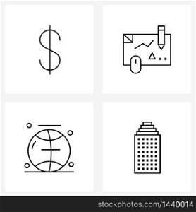 Pixel Perfect Set of 4 Vector Line Icons such as coin, interface, design, sketching, building Vector Illustration