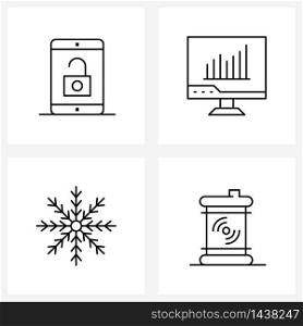 Pixel Perfect Set of 4 Vector Line Icons such as device; monitor; phone; business; snow Vector Illustration
