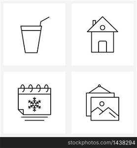 Pixel Perfect Set of 4 Vector Line Icons such as drink; snow flakes; home; real estate; picture Vector Illustration