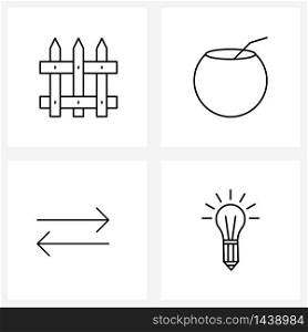 Pixel Perfect Set of 4 Vector Line Icons such as fence, left, coconut, straw, bulb Vector Illustration
