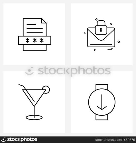 Pixel Perfect Set of 4 Vector Line Icons such as file, cocktail, secure, message, glass Vector Illustration