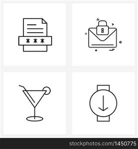 Pixel Perfect Set of 4 Vector Line Icons such as file, cocktail, secure, message, glass Vector Illustration